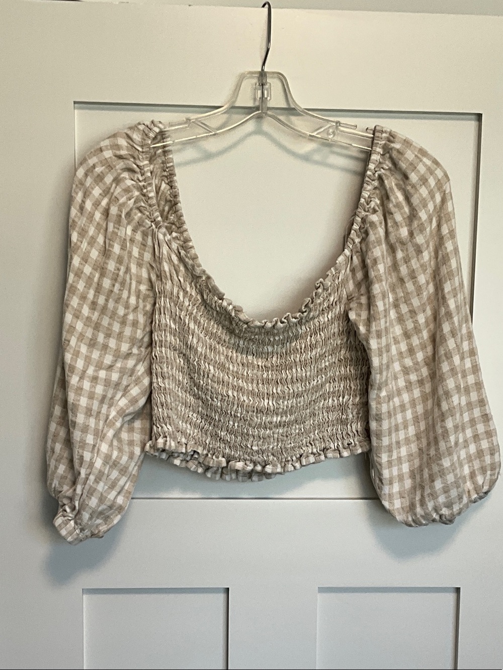 Rachel Pally Beige Gingham Smocked Crop Top
